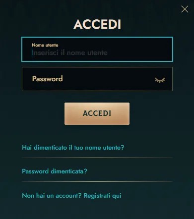 Finestra di login Dolly Casino con campi Nome utente e Password e pulsante Accedi