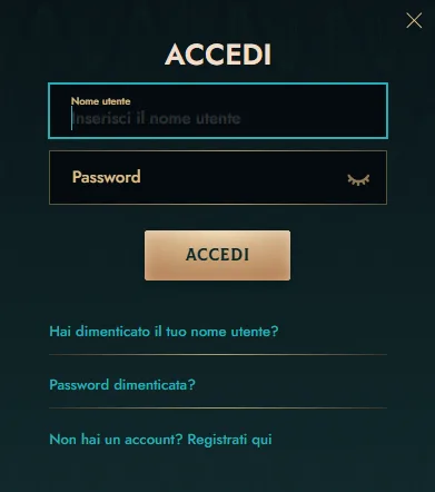 Finestra di login Dolly Casino con campi Nome utente e Password e pulsante Accedi