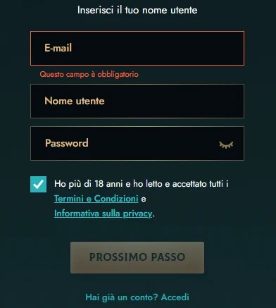 Modulo di registrazione Dolly Casino con campi E-mail, Nome utente, Password e checkbox di accettazione termini e maggiore età