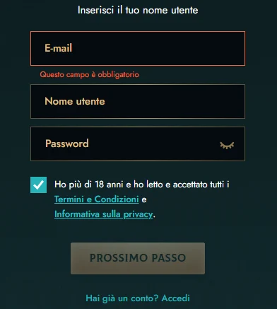 Modulo di registrazione Dolly Casino con campi E-mail, Nome utente, Password e checkbox di accettazione termini e maggiore età
