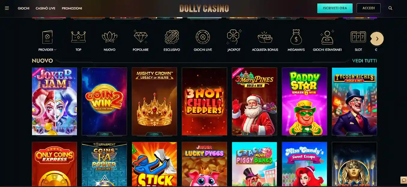 Dolly Casino lobby Italia con sezione Nuovo e slot come Joker Jam, Coin Win 2, Mighty Crown e 3 Hot Chili Peppers